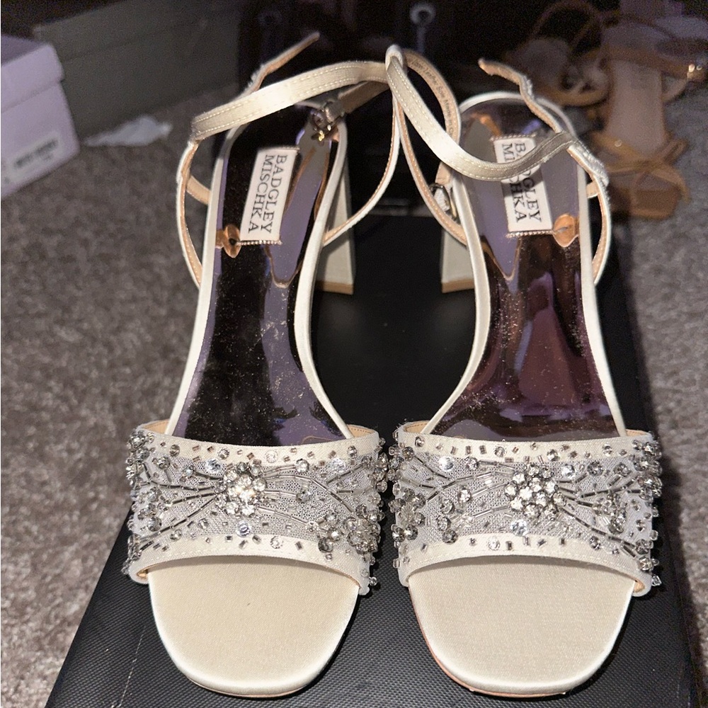 Cream satin like material beaded heels